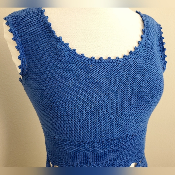Vintage knit crochet top blue cotton cutout tank scoop neck sleeveless boho S M - Picture 9 of 16
